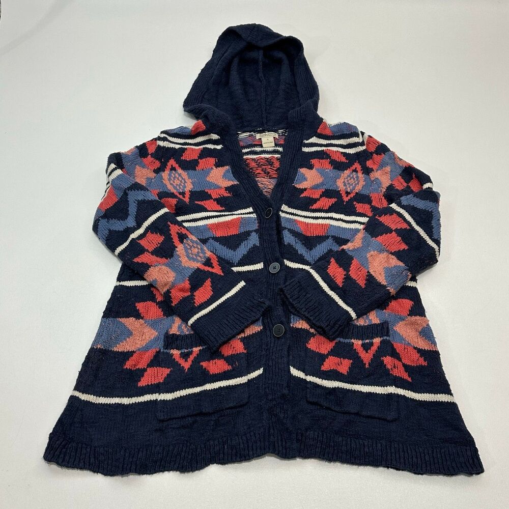 Lucky Brand Women's Hooded Cardigan Navy Aztec Pattern Knit‎ Button, Size S